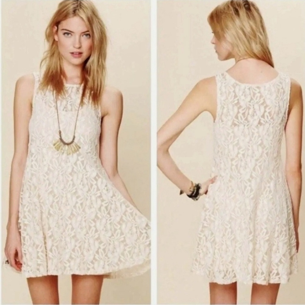 FREE PEOPLE MILES OF LACE SHEER CREAM SKATER DRESS SIZE SMALL